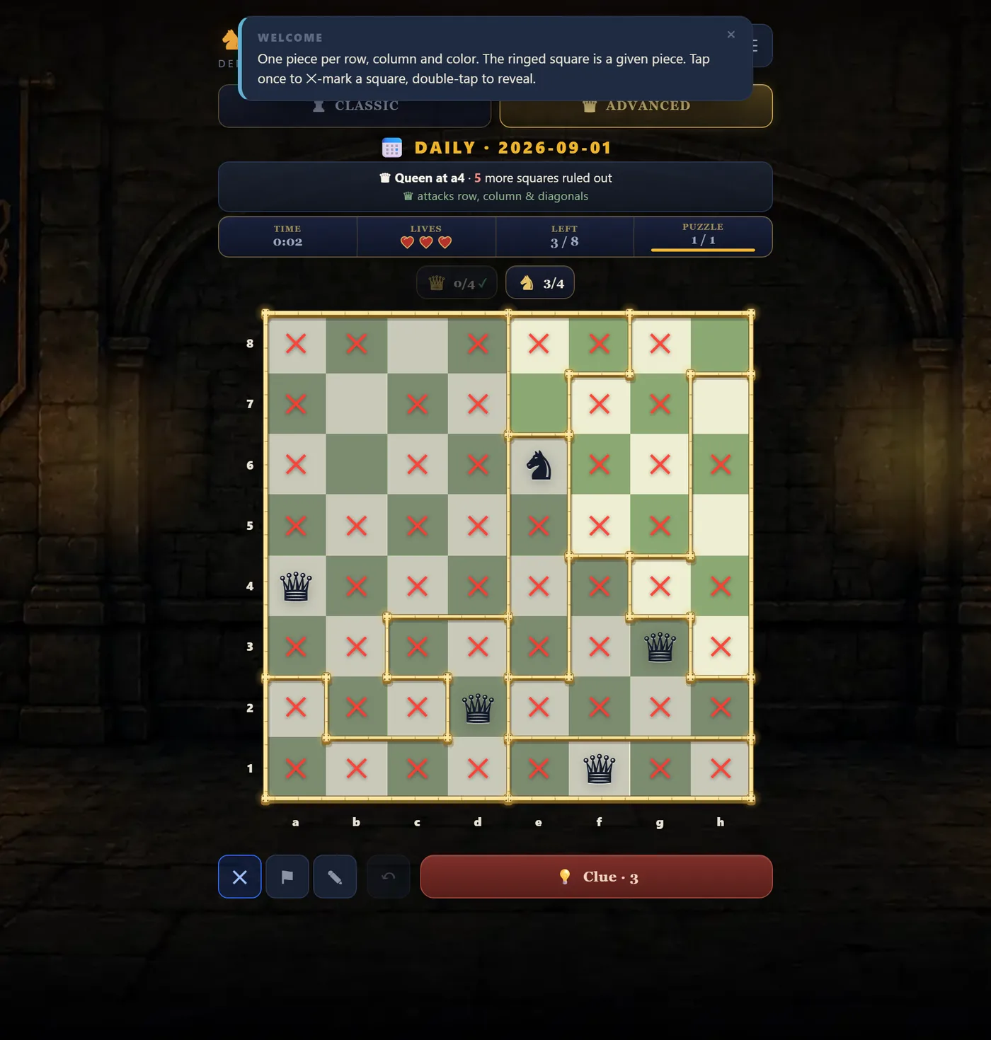 Mid-solve. Every mark is forced by the one before it.