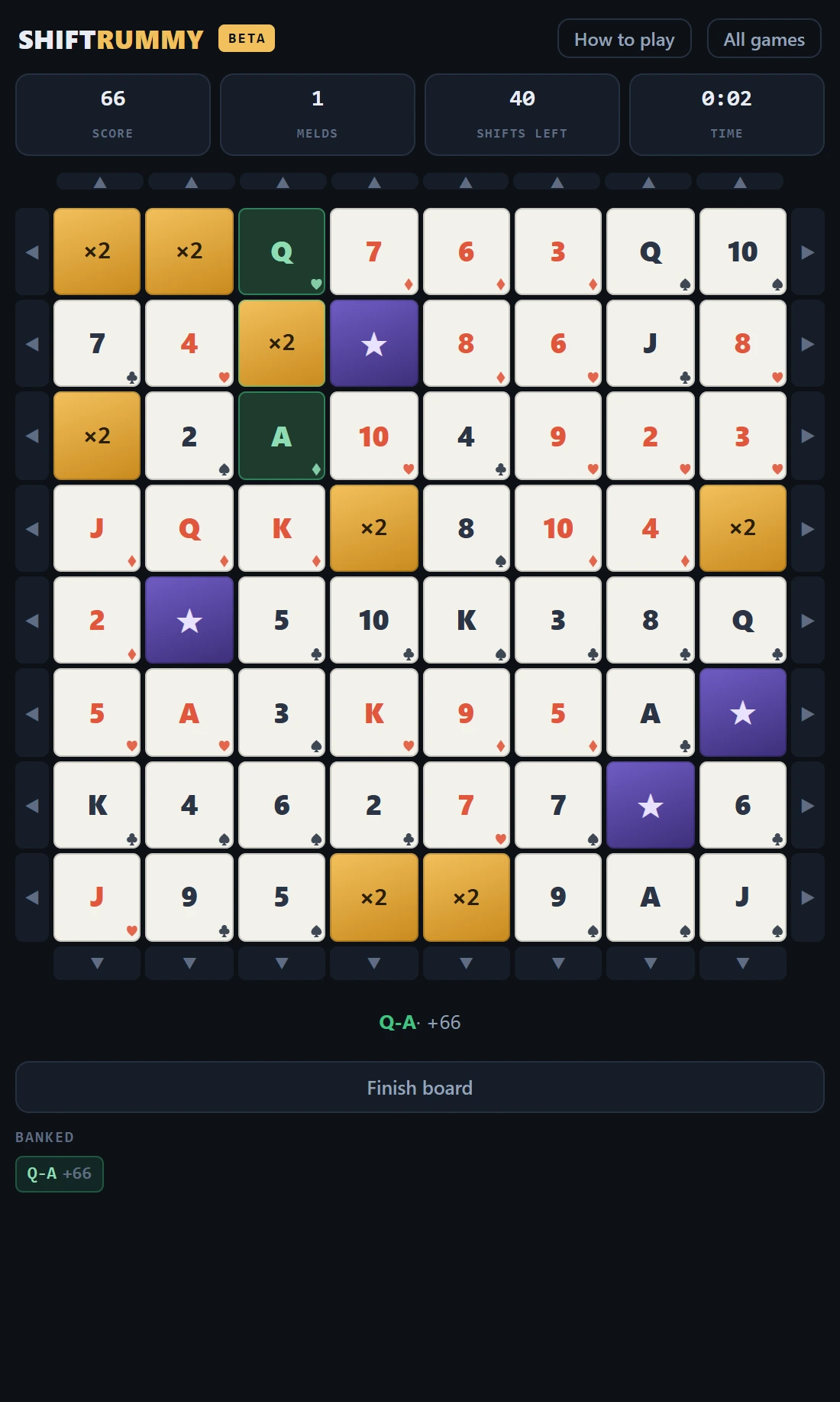 Banked runs lock in place; the arrows slide the rest.